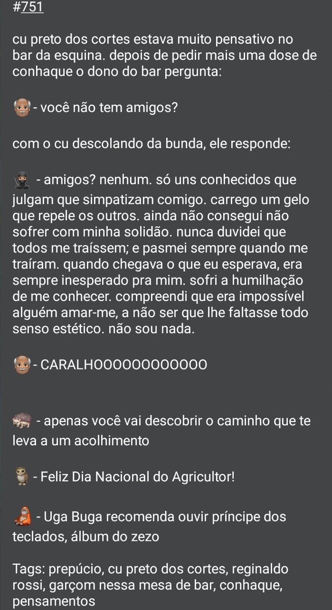 piadadanote's tweet photo. 🤡 PIADA DA NOITE 😂
Piadas para todo o Brasil

🗓 Terça-feira, 28 de julho de 2026

Tags: prepúcio, cu preto dos cortes, reginaldo rossi, garçom nessa mesa de bar, conhaque, pensamentos

❤ Apoie o PIADA DA NOITE pelo livepix: https://t.co/gdm1uaSZlD https://t.co/9jQYMOUdhb