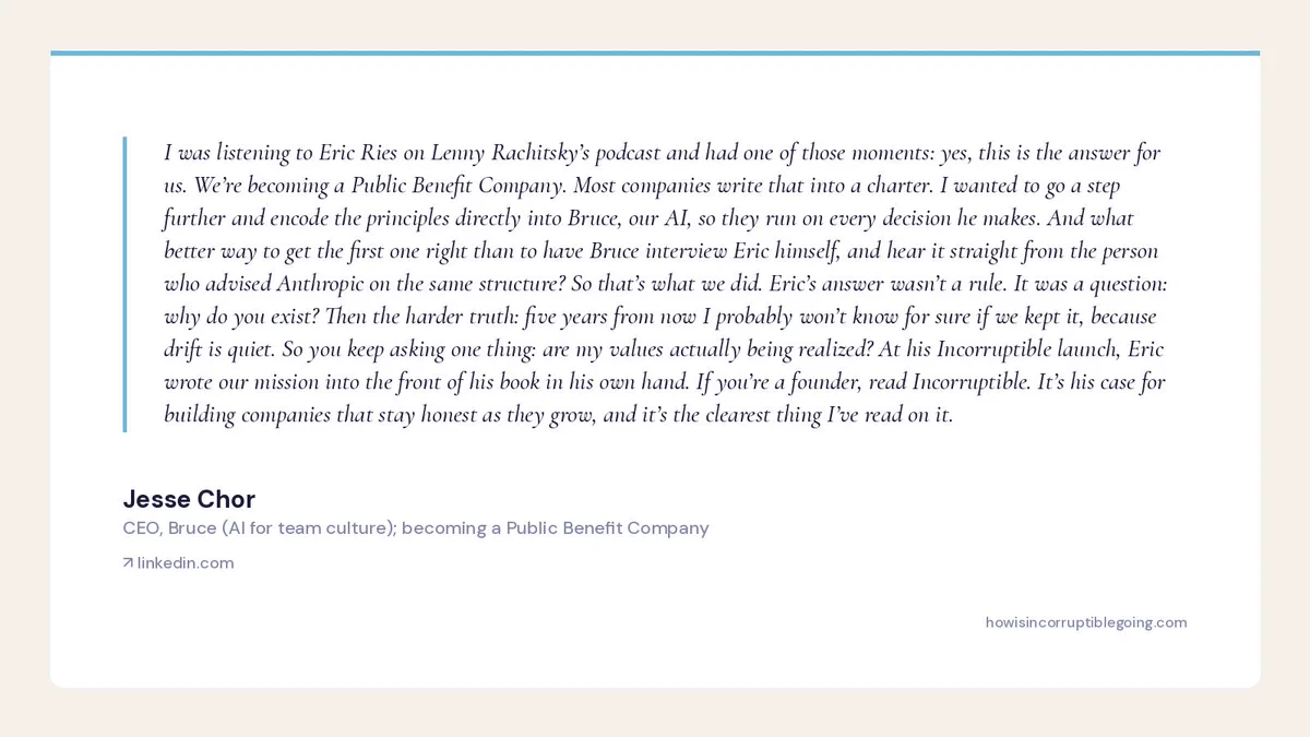 Quote card: Jesse Chor, CEO of Bruce, on Incorruptible by Eric Ries.