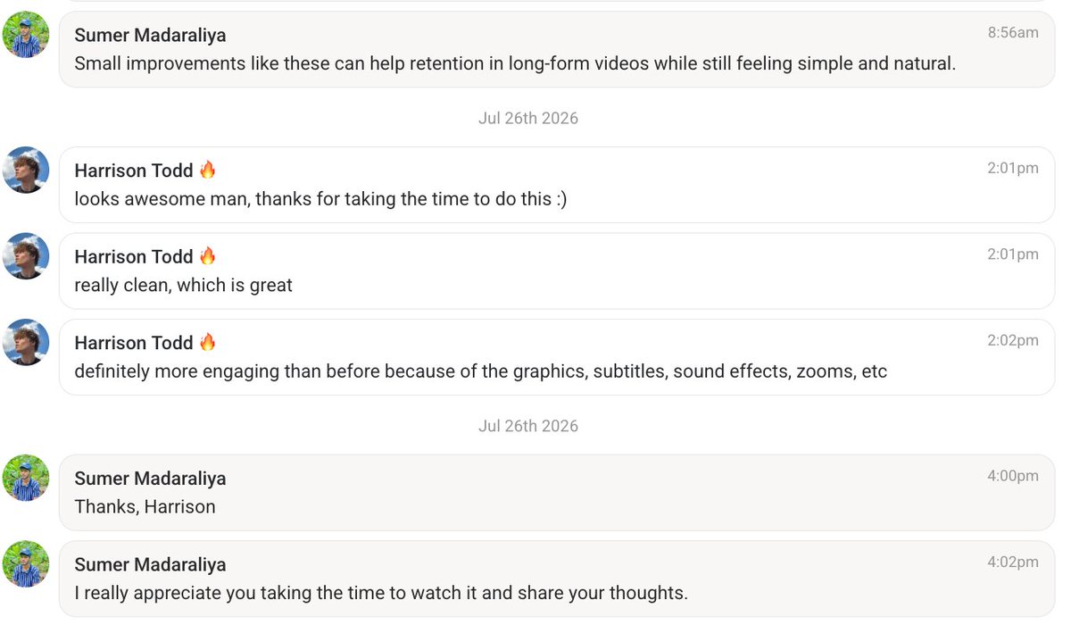 sumermadaraliya's tweet photo. This is exactly what I want to hear after an edit

“Really clean.”
“More engaging than before.”

Good YouTube editing shouldn’t steal attention from the creator.

Better pacing. The right visuals. Less distraction.

You create. I handle everything after you hit record. https://t.co/ESBvhfN9km