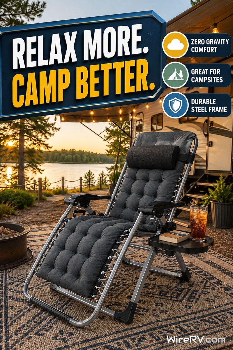 WireRV's tweet photo. Long campground evenings deserve a better chair. 🏕️ This zero gravity recliner features a 440 lb capacity, removable cushion, adjustable recline, and a handy side table for drinks or books.
Affiliate link: https://t.co/fonXluSYqk
#RVLife #CampingGear #RVLiving https://t.co/tda3bvtMIz