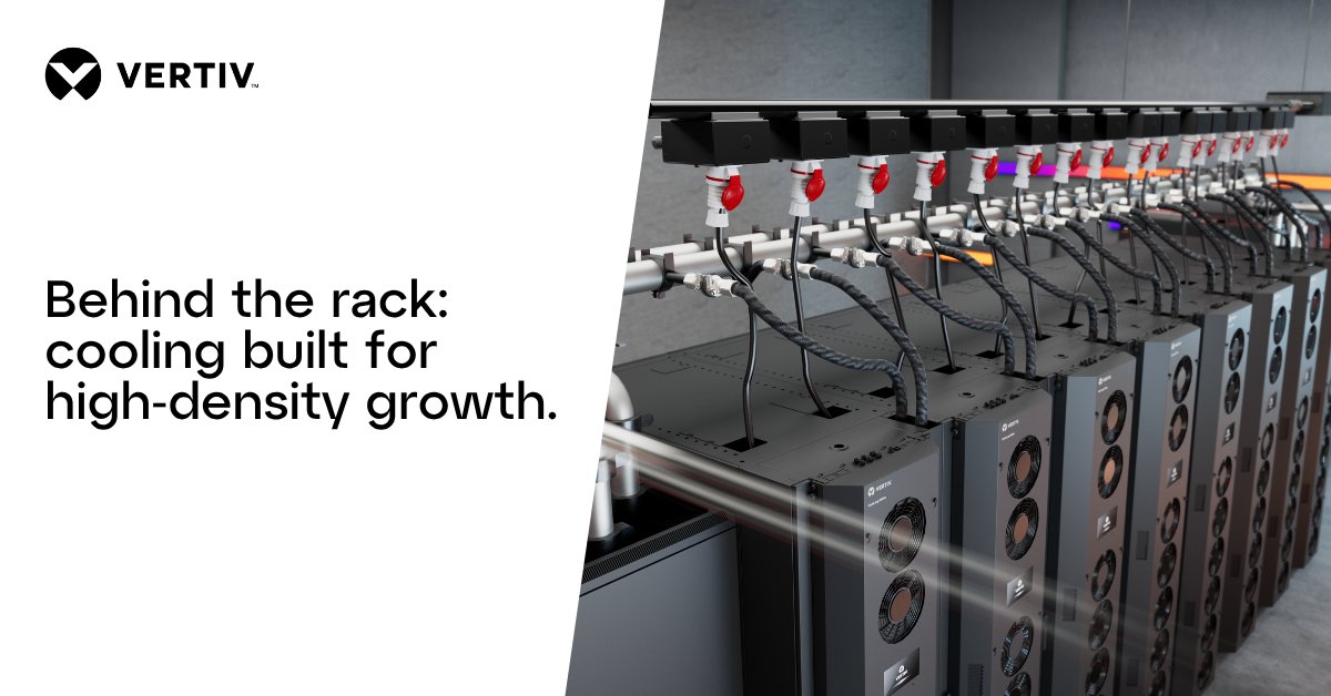 Vertiv's tweet photo. RDHx removes heat at the rack, reducing the thermal load on room-level cooling systems and supporting liquid cooling for high-density environments. Learn how RDHx improves rack-level cooling: https://t.co/XNIgWBzbVn
#HighDensityRack #LiquidCooling #EndToEndSystems https://t.co/wYVnnYXXoY
