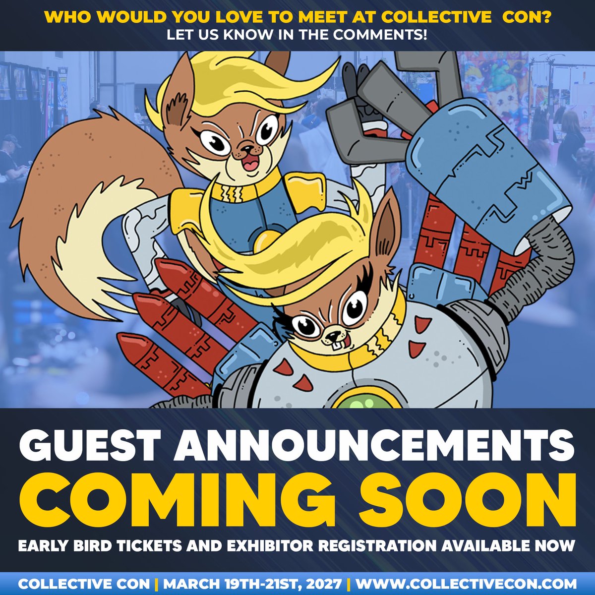 CollectiveConFL's tweet photo. Surprise! Guest announcements for Collective Con will begin VERY soon. Who would you LOVE to meet? Let us know in the comments.

Exhibitor applications are now live! Single Day, Weekend Pass, and VIP Weekend passes are also available for purchase.

INFO: https://t.co/mNOiKSB2nT https://t.co/l5SIikBXsR