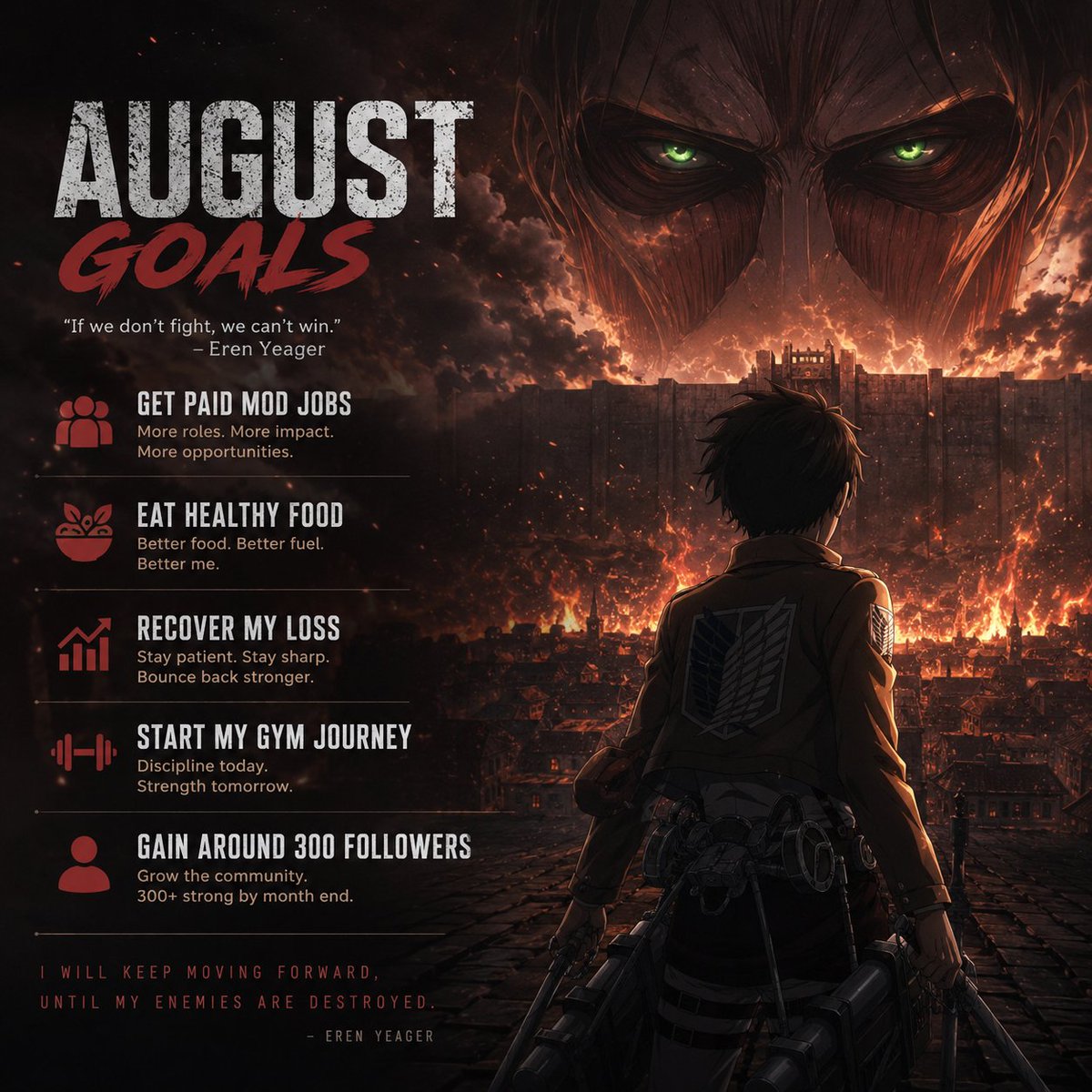 Xeren018's tweet photo. August goals.

Not trying to reinvent my life this month just focusing on a few things that actually matter.

• Secure a few paid moderator/community roles.
• Start eating healthier.
• Recover my losses.
• Finally stay consistent with the gym.
• Grow this account by 300+ followers.

Nothing crazy. Just consistency, discipline, and showing up every single day.

See you at the end of the month. 🍂