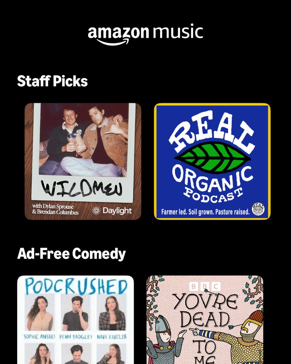 DaylightMediaHQ's tweet photo. Chill out with the 'Wildmen' on @amazonmusic! Dylan Sprouse and Brendan Columbus's new podcast is currently featured on the Staff Picks carousel... why not join them for a hang?

The next episode of @WildmenPodcast drops tomorrow, so make sure to subscribe on Amazon Music! https://t.co/5BrbbfZrOV