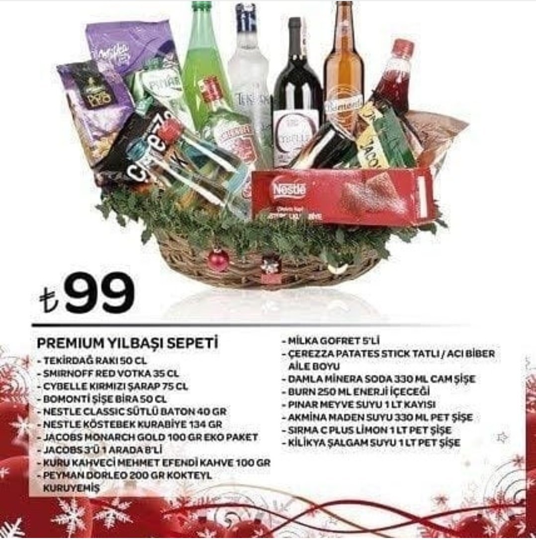 infoemlax's tweet photo. @ugurses Milletin çoğunluğu evde içki üretimine geçti zaten. 
Eski Türkiye'de carrefour/migros  yılbaşı sepeti vardı. https://t.co/KXN8XxNsAM