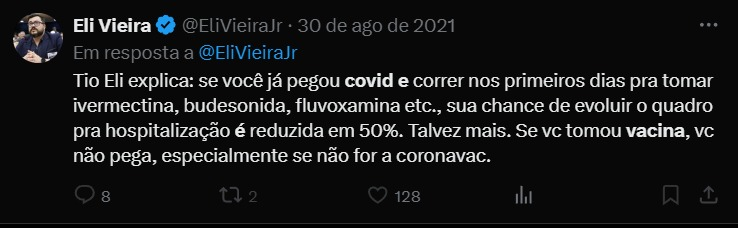 schmittpaula's tweet photo. Eli Vieira, 30 de Agosto de 2021: 
"Se você tomou vacina você não pega"
José Serra, 2 meses antes: Tomei a vacina duas vezes e peguei 
https://t.co/ZfbzFFX0o6 https://t.co/D06w7FdTGc