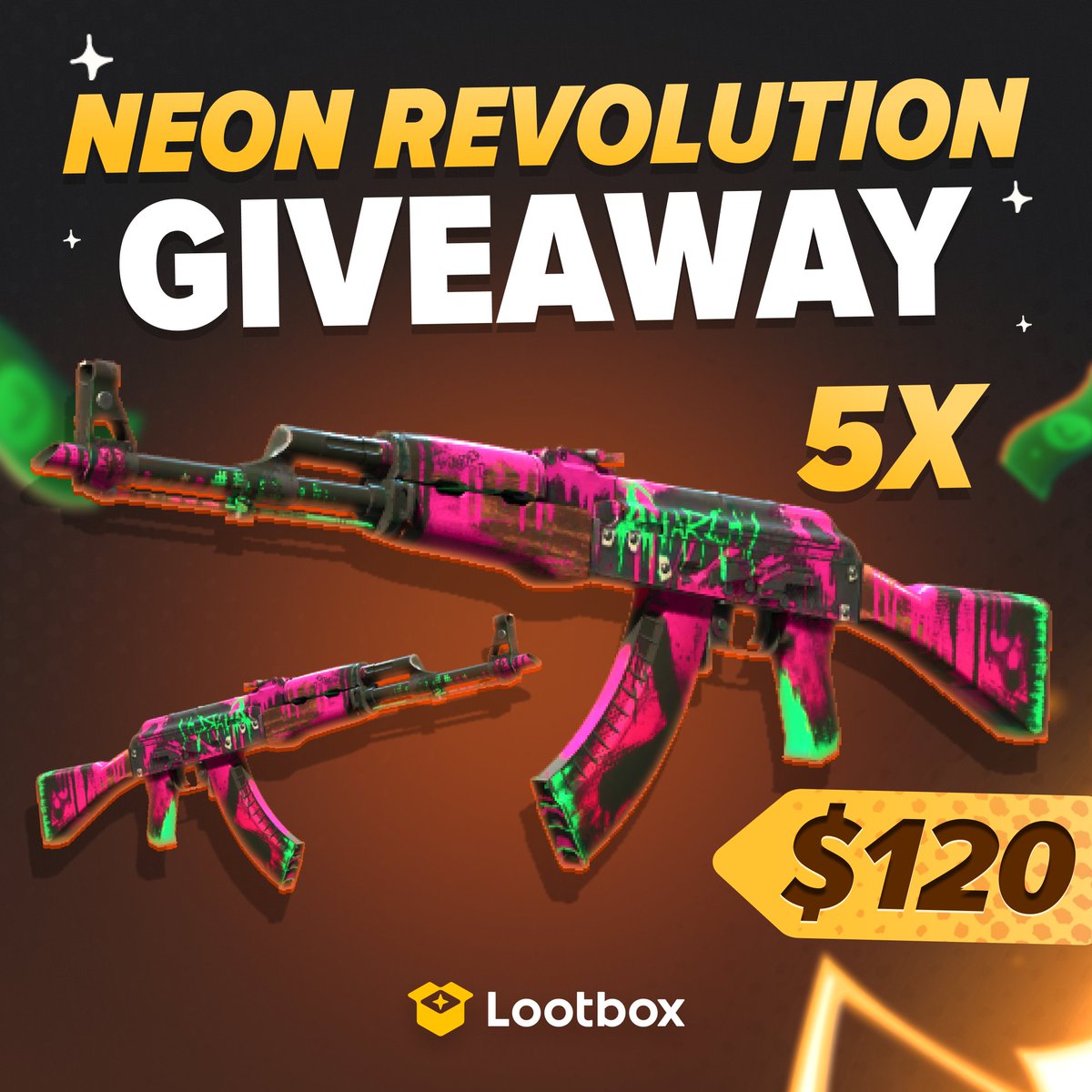 lootbox's tweet photo. ⚡ AK-47 | Neon revolution GIVEAWAY - 5 winners! ⚡

How to enter:
▸ 💛 &amp; 🔁 
▸ Tag 3 friends
▸ Follow @lootbox 
 
Results in a month. Good luck! 🍀 https://t.co/P6K6CAG86l