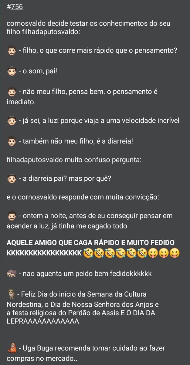 piadadanote's tweet photo. 🤡 PIADA DA NOITE 😂
Piadas para todo o Brasil

🗓 Domingo, 2 de agosto de 2026

Tags: filhadaputosvaldo, cornosvaldo, perguntas e respostas, cocozinho fedido

❤ Apoie o PIADA DA NOITE pelo livepix: https://t.co/gdm1uaSrw5

🌐 Entre em nosso grupo: https://t.co/RvNuYJJBSF https://t.co/GHJHuWZWVs