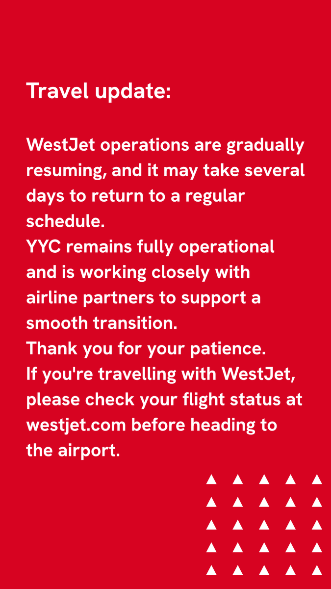 FlyYYC's tweet photo. WestJet operations are gradually resuming, and it may take several days to return to a regular schedule. 
YYC remains fully operational and is working closely with airline partners to support a smooth transition. https://t.co/PUGezmKhfK