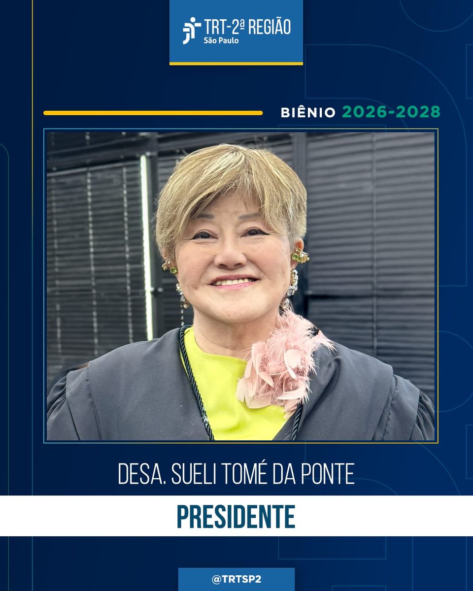 trtsp2's tweet photo. Desembargadora Sueli Tomé da Ponte é eleita presidente do @trtsp2 para o biênio 2026-2028.
Confira quem são os demais eleitos e os detalhes da sessão em nosso site e em nossas redes sociais.
#EleiçãoTRT2 #TRT2 #JT #PraTodosVerem #TRT2Acessível https://t.co/OrZdUjxotq