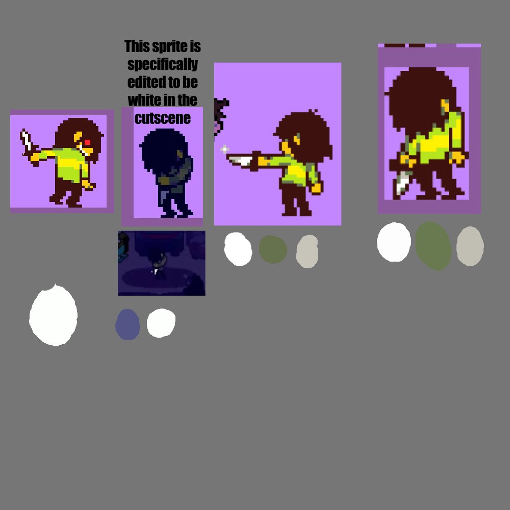 THESHORESMIRAGE's tweet photo. To further illustrate: Here are the raw unedited sprites of each knife. It goes from white -> white -> white with grey and one greeen splotch -> to white/grey with several green splotches.

No lighting effects. Chapter 2 is even edited in-game to be pure white. Please guys cmon https://t.co/zjPvDo51cO