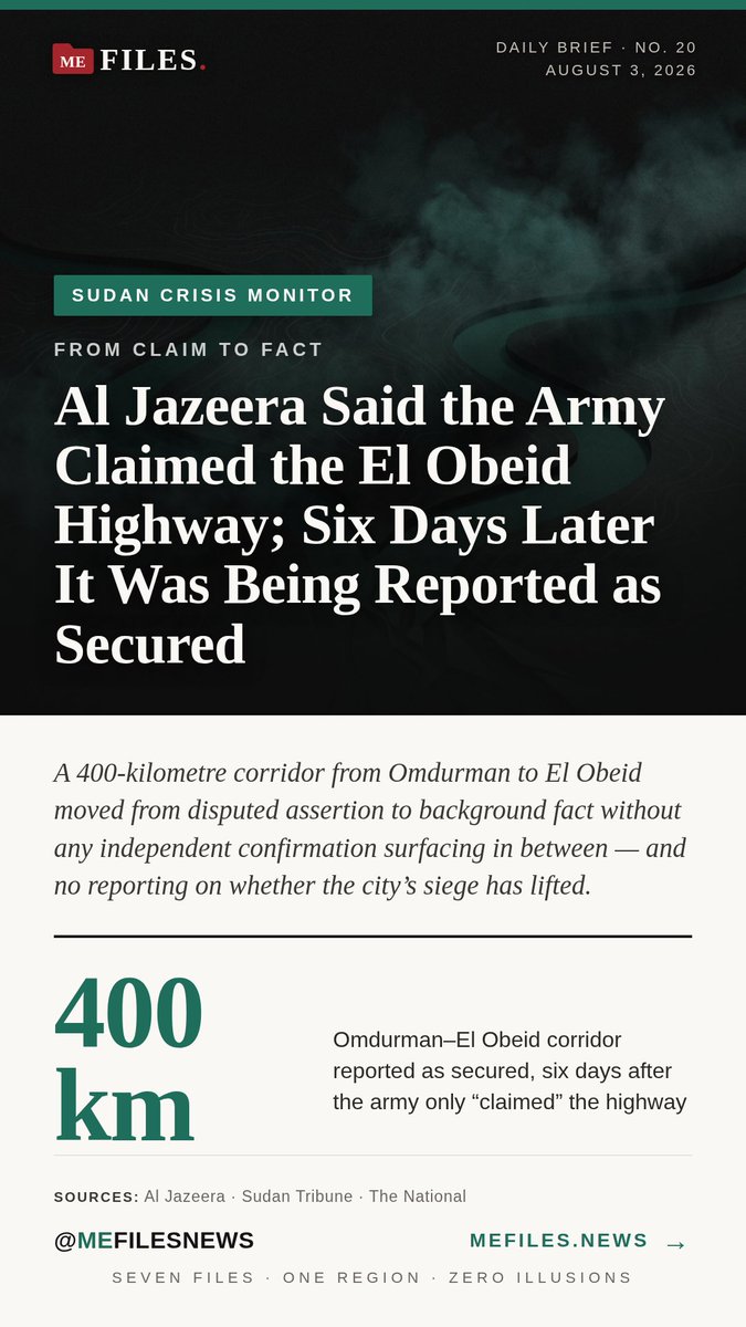 mefilesnews's tweet photo. Al Jazeera Said the Army Claimed the El Obeid Highway; Six Days Later It Was Being Reported as Secured — the full file at https://t.co/VCyUanVIsH #MEFILES https://t.co/zy4kqJDu6z