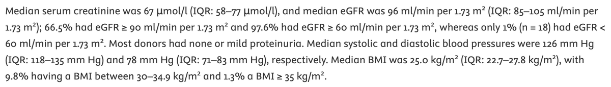 LoebLab's tweet photo. @kidney_boy We should limit extrapolating these data to patients undergoing nephrectomy for tumors. Kidney donors are  selected for absence of kidney disease and kidney disease risk factors (description of the donors below). Patients undergoing partial nephrectomy don't look like this. https://t.co/Nm50XZXaHX