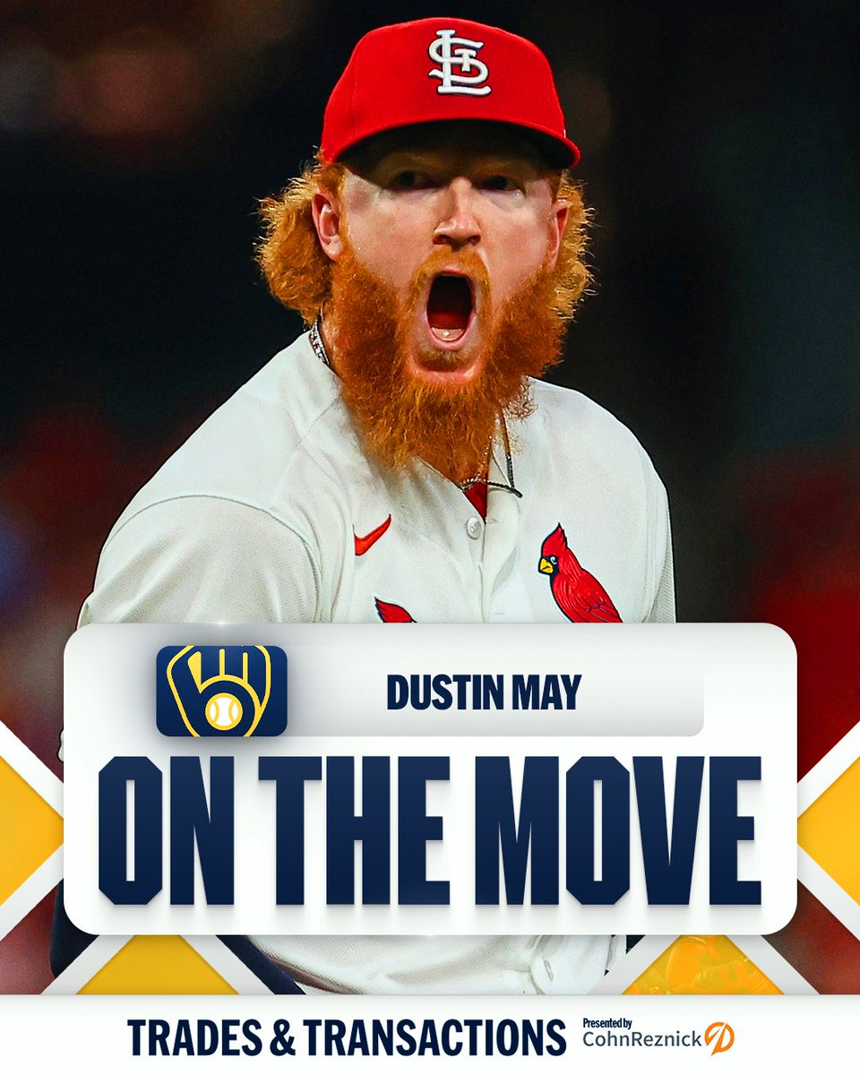 MLB's tweet photo. Brewers reportedly acquire RHP Dustin May and LHP JoJo Romero from Cardinals, per multiple reports including MLB's @Feinsand. 

(MLB x @CohnReznick) https://t.co/OHWoq1zlh1