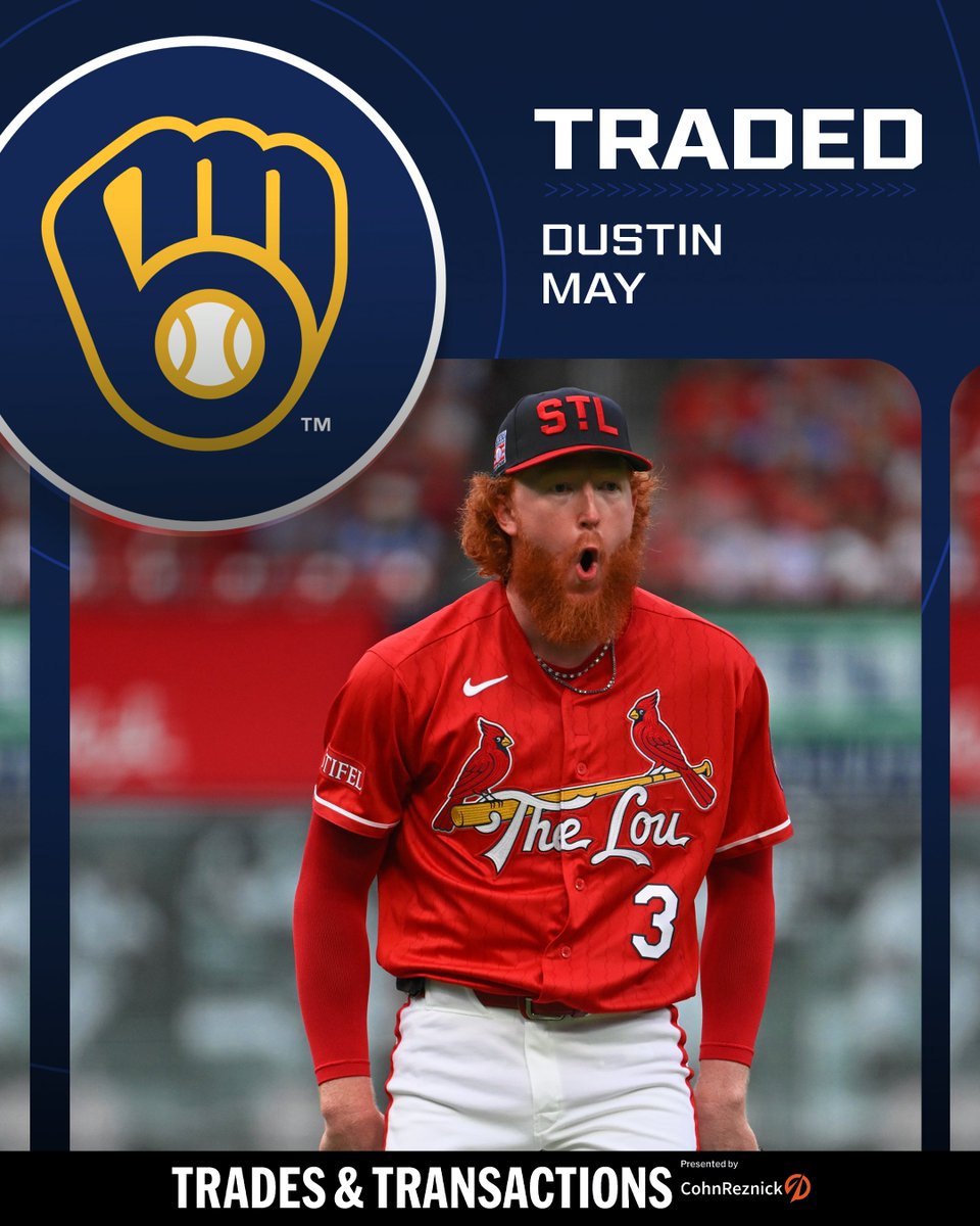 MLBNetwork's tweet photo. The Brewers are reportedly acquiring RHP Dustin May and LHP JoJo Romero in a deal with the Cardinals. https://t.co/O1GMYKqrH5