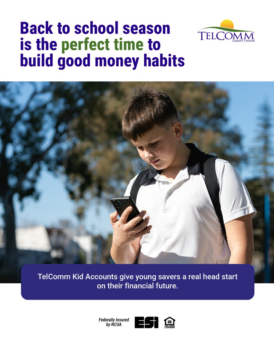 TelcommCU's tweet photo. Back to school season is the perfect time to build good money habits. TelComm Kid Accounts give young savers a real head start on their financial future. 

#BackToSchool #KidAccounts #YouthAccounts #TCUTips https://t.co/Buc1xBDpeM