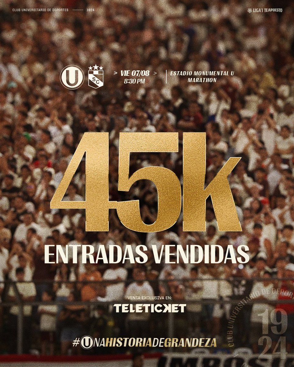 Universitario's tweet photo. 𝗡𝗔𝗗𝗔 𝗡𝗢𝗦 𝗦𝗘𝗣𝗔𝗥𝗔 🫂💛

Ya son más de 45 mil los cremas confirmados, entre tribunas y palcos, para nuestro partido de este viernes ante Sporting Cristal.

🎟️ ¡Un nuevo reto, juntos! ▶️  https://t.co/4zvtsTUNor

#UnidosOtraVez
#UnaHistoriaDeGrandeza https://t.co/BaNx9NkJxE