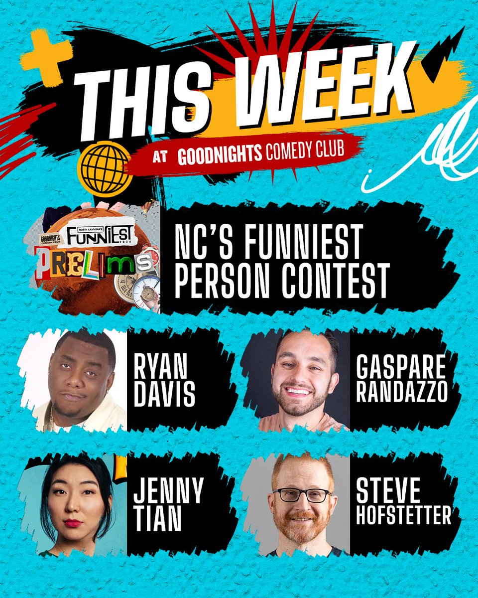 GoodnightsCC's tweet photo. This Week at Goodnights | Funniest, Gaspare Randazzo, Steve Hofstetter, Jenny Tian, + Ryan Davis! Grab tickets now: https://t.co/TfIJpLSZ4y https://t.co/7pabtgmuvo