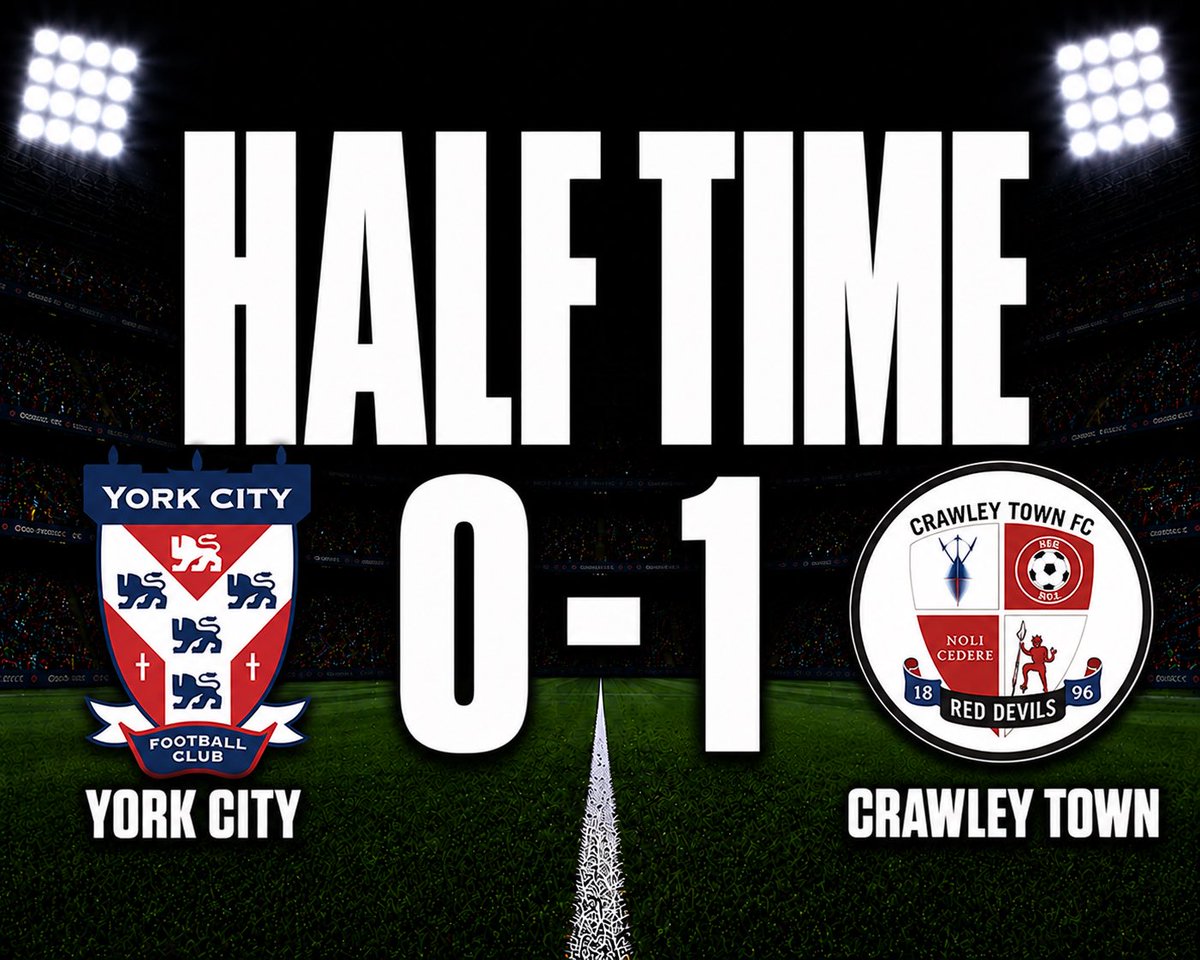 FC7897's tweet photo. HT #YorkCity 0-1 #CrawleyTown | Crawley take a one goal lead into the break after an entertaining first half at the LNER Community Stadium #YORCRW https://t.co/sVRMs21zuh