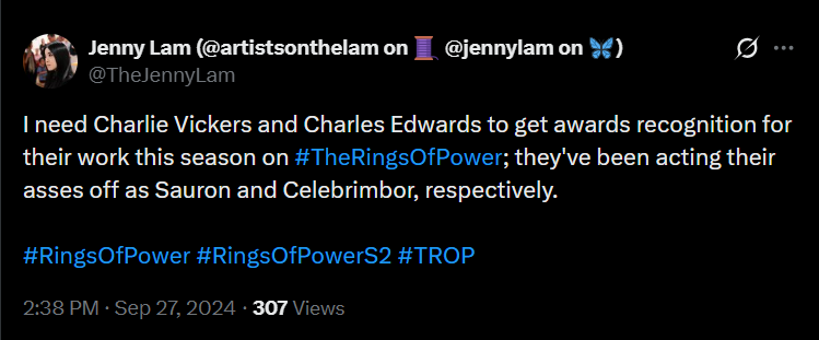 TheJennyLam's tweet photo. It's criminal that Charlie Vickers and Charles Edwards weren't nominated for Emmys for The Rings of Power season 2. https://t.co/Ej6aL3ePgq