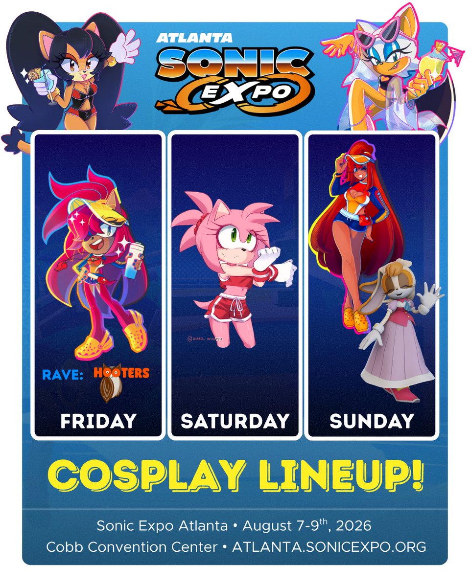 mavarooniee's tweet photo. My official cosplay line up for @SonicEXPOatl !!! 

SO EXCITED! COME SAY HI!!! https://t.co/Akfi736i2x