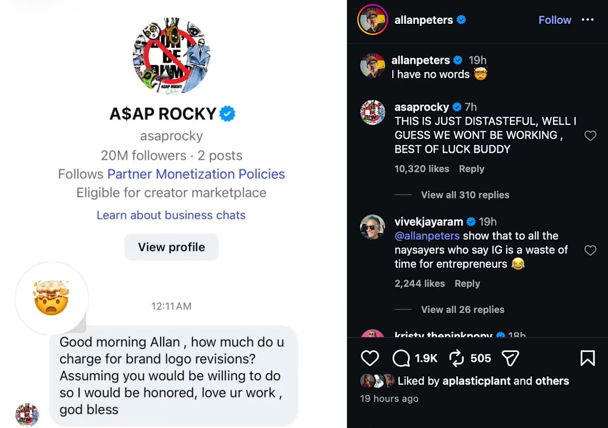 trapcit0u's tweet photo. 🚨A$AP Rocky cancela parceria com designer após DM privada ser exposta nas redes.

O rapper entrou em contato com o designer Allan Peters para perguntar sobre valores e demonstrou interesse em trabalhar com ele na criação de logos. Após receber a mensagem, Peters publicou um print da conversa no Instagram.

Rocky comentou na publicação chamando a atitude de "de mau gosto" e anunciou que a colaboração não iria mais acontecer: "Acho que não vamos mais trabalhar juntos. Boa sorte."

Pouco tempo depois, o designer apagou a publicação.