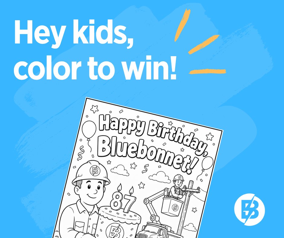 BluebonnetCoop's tweet photo. Hey kids, help us celebrate Bluebonnet’s 87th birthday! Download the coloring page, add your own colors and send it back for a chance to win a back-to-school bundle packed with school supplies and fun surprises!

✏️ Open to kids 12 and younger
⏰ Entries due by 5 p.m. Aug. 28
💻 Download the coloring page and see the contest rules at https://t.co/lM19A9Q5fi