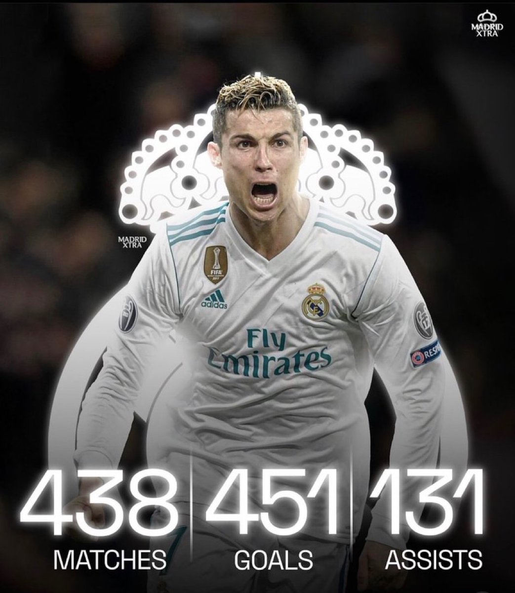 MadridXtra's tweet photo. Cristiano Ronaldo at Real Madrid was INSANE. 🤯 🐐 

438 games. 451 goals. 131 assists. https://t.co/hm5ETikokN