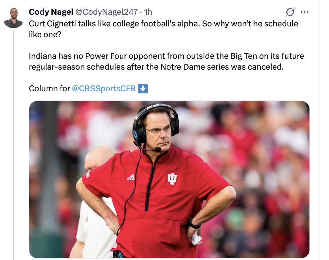 JeffRabjohns's tweet photo. Because Curt Cignetti has a brain and uses it.

Scheduling with intelligence maximizes a program's opportunities for postseason success, which Indiana proved in 2025 (16-0, national title, never trailed in its 3 CFP wins) and Michigan &amp; Ohio St proved the previous 2 years. #iufb https://t.co/BGhUnhiRhD