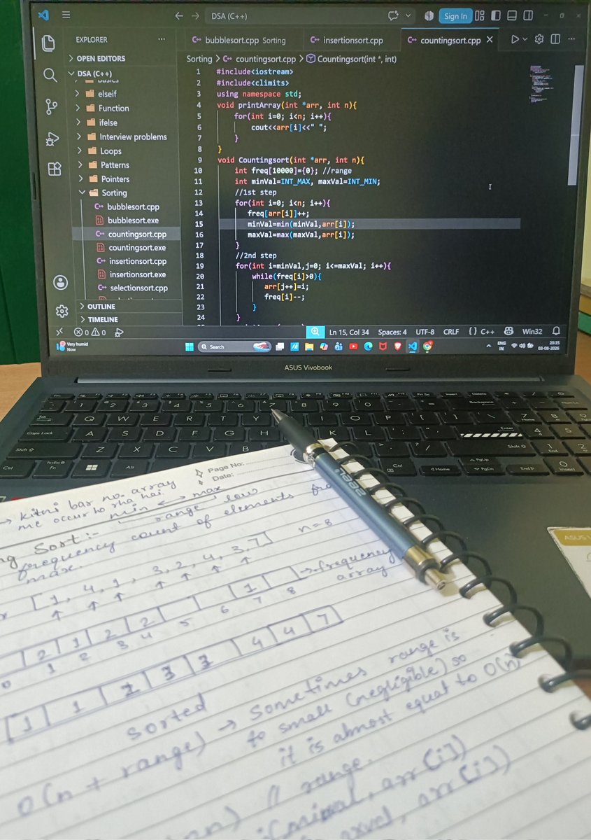 codingwithV's tweet photo. 18/180 🚀

✅ Completed Counting sort lecture &amp; it's code.
✅Done 1 question on leetcode
•Maximum Subarray Sum

#Buildinpublic #CPP #DSA #Codingjourney #PlacementPrep https://t.co/CJQwcqxCld