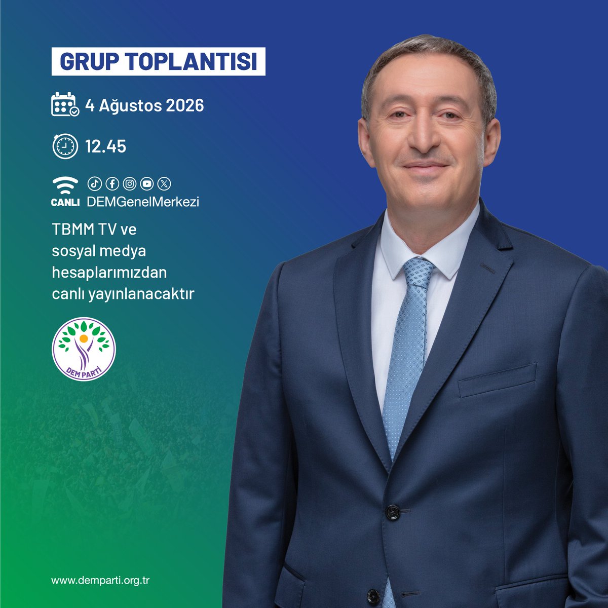 DEMGenelMerkezi's tweet photo. Eş Genel Başkanımız Tuncer Bakırhan’ın konuşacağı Meclis Grup Toplantımızı bugün (4 Ağustos Salı) saat 12:45’te sosyal medya hesaplarımızdan canlı izleyebilirsiniz. https://t.co/ikY33cq9g9