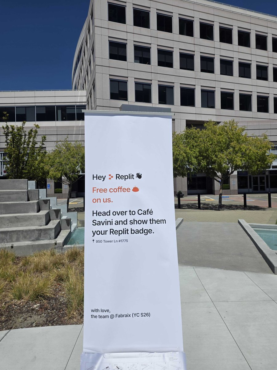 zachdotai's tweet photo. if you work out of @Replit's office at Foster City, coffee is on us this week ☕️ 

we said we’d be popping up around SF. @Replit is stop four.

take your badge to Café Savini at 950 Tower Ln and your coffee is on us, while supplies last.    

we'll be doing more of this so watch this space👀