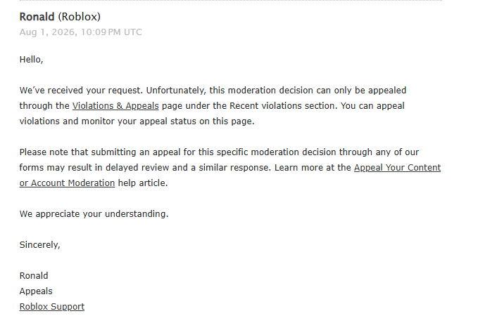 _id4d's tweet photo. @Roblox  alot of people are having this bug, its when you get enforcement ban falsely then you try to appeal but your ban dosent show in the violations page, and when you contact them through email they just redirect you to the page where the ban does not even show https://t.co/2wPPpxQluB