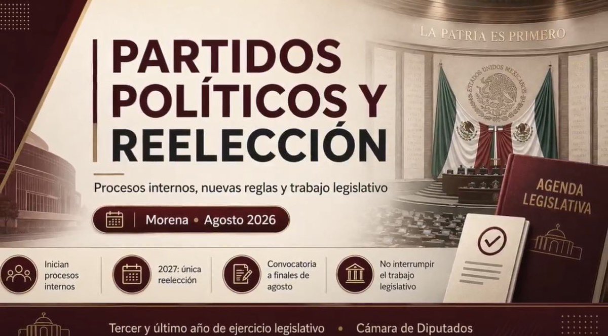 avieu's tweet photo. Ricardo Monreal informó que el 1 de septiembre iniciará el periodo ordinario de sesiones y adelantó que la Cámara de Diputados buscará “actualizar el sistema normativo mexicano”. Añadió que “cuando menos tenemos una veintena de temas de urgencia” para deliberar y, en su caso, aprobar. También recordó que 2027 será “la única ocasión y la última” en que podrán reelegirse legisladores y presidentes municipales; a partir de 2030, dijo, “ya no habrá reelección en ningún cargo”.