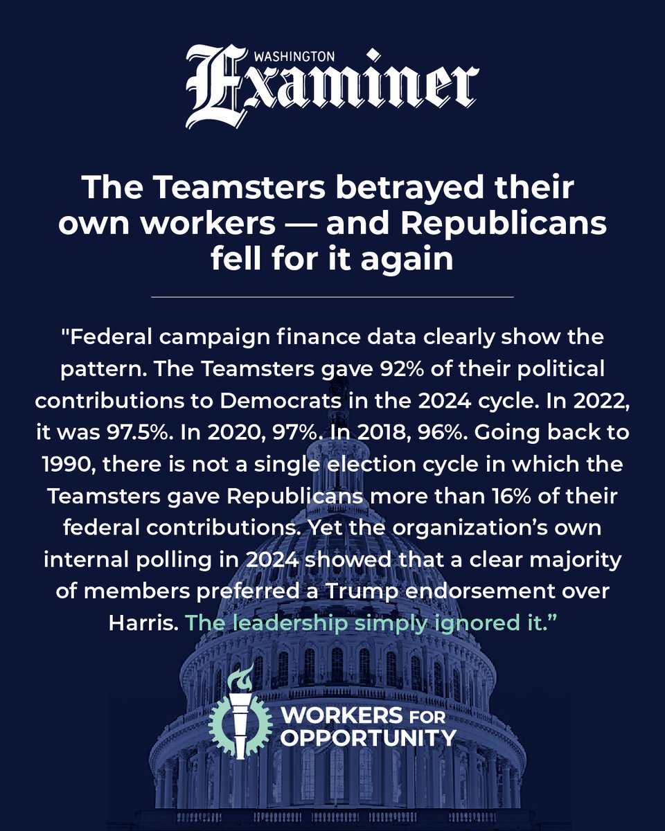 WorkersForOpp's tweet photo. For the last 36 years, there is not a single election cycle in which the Teamsters gave more than 16% of their federal contributions to Republicans. Policymakers should quit falling for the lie that union leaders care about conservative values. 

https://t.co/hvuAAaAEXM https://t.co/qIl5Mi6doa