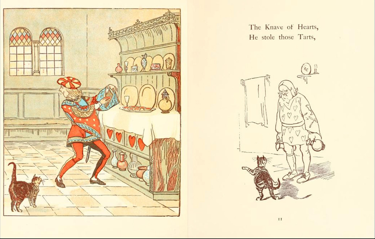 MemoryRestored's tweet photo. 7/12
(3) Caldecott trains the imagination — With pictures that carry stories within the story

Below, the Queen of Hearts
- How was the thief identified? The cat told!
- The knave was nearly late — for target practice! Ouch!

Your baby has been forming the habit of attention — to sounds, patterns, gestures, small invention. These pages are the payoff