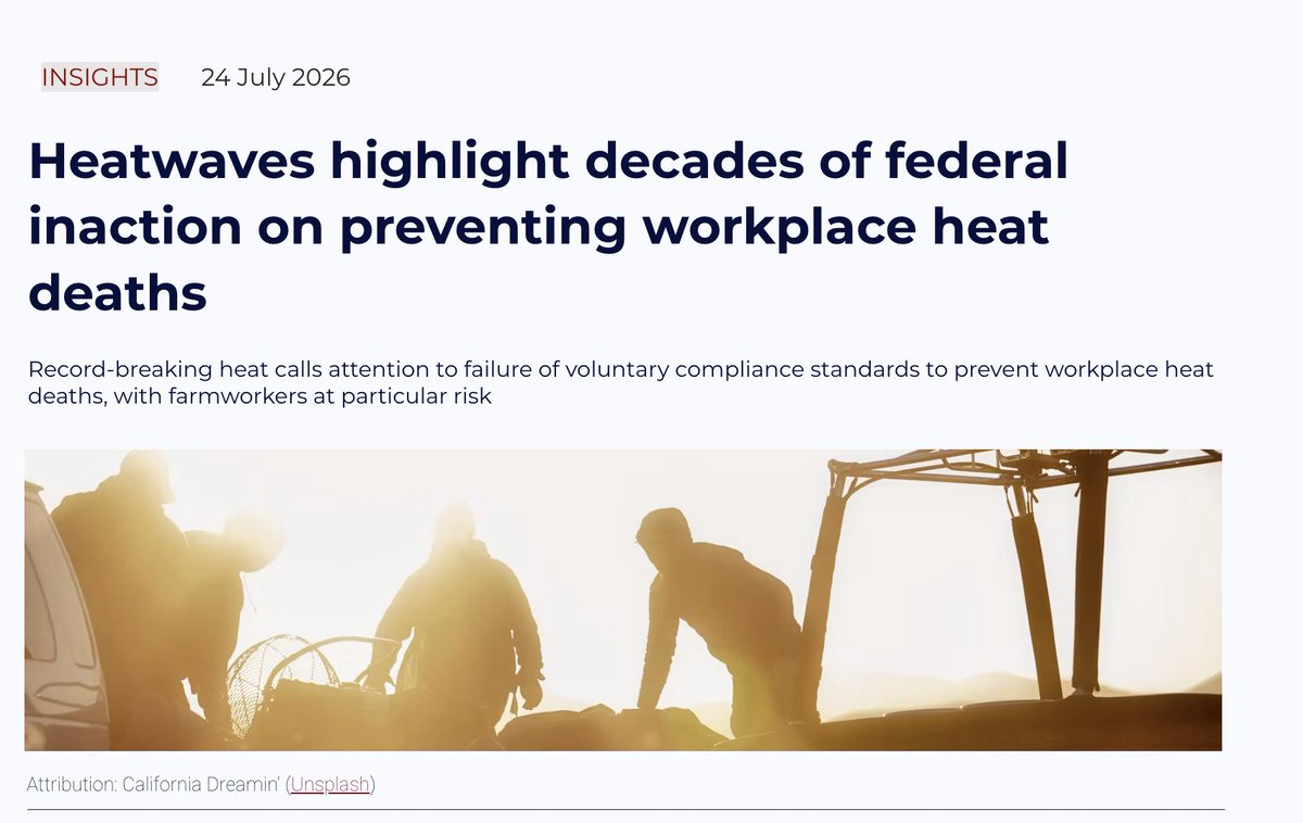 LabyrinthPol's tweet photo. As we noted in recent analysis, the United States has lagged for decades on workplace heat protections, with  corporate lobbyists fighting crucial safety regulations.

The result is a workplace safety crisis that is likely to get worse as temperatures rise. https://t.co/xO5Mhp8M55