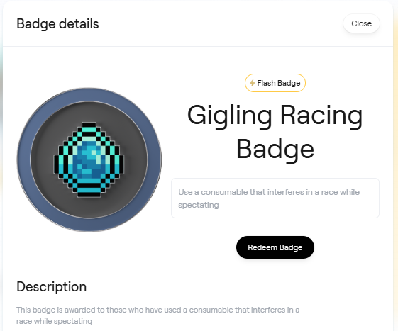 Lard22207's tweet photo. ✔️Claimed Gigling Racing Badge on @AbstractChain 
It's quite easy to get this badge
To get it use a consumable that interferes in a race while spectating🧐 https://t.co/VmCUYCWbJr