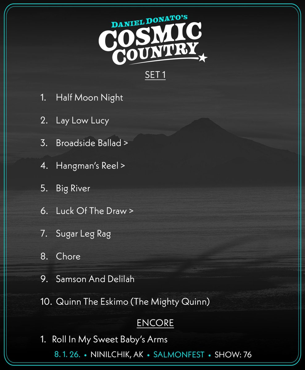 danieljdonato's tweet photo. 8/1/2026 Ninilchik, AK 

🥕 Head to https://t.co/jE59UT0nOn to stream the show, for Setlist Saloon and all tour happenings…

✨ Pre-Order for the vinyl of our first live and album and tickets to The Ryman on 8/28 and 8/29 are on https://t.co/f3IBW1rBqN! 

#cosmiccountry https://t.co/YUjvnl5IlF