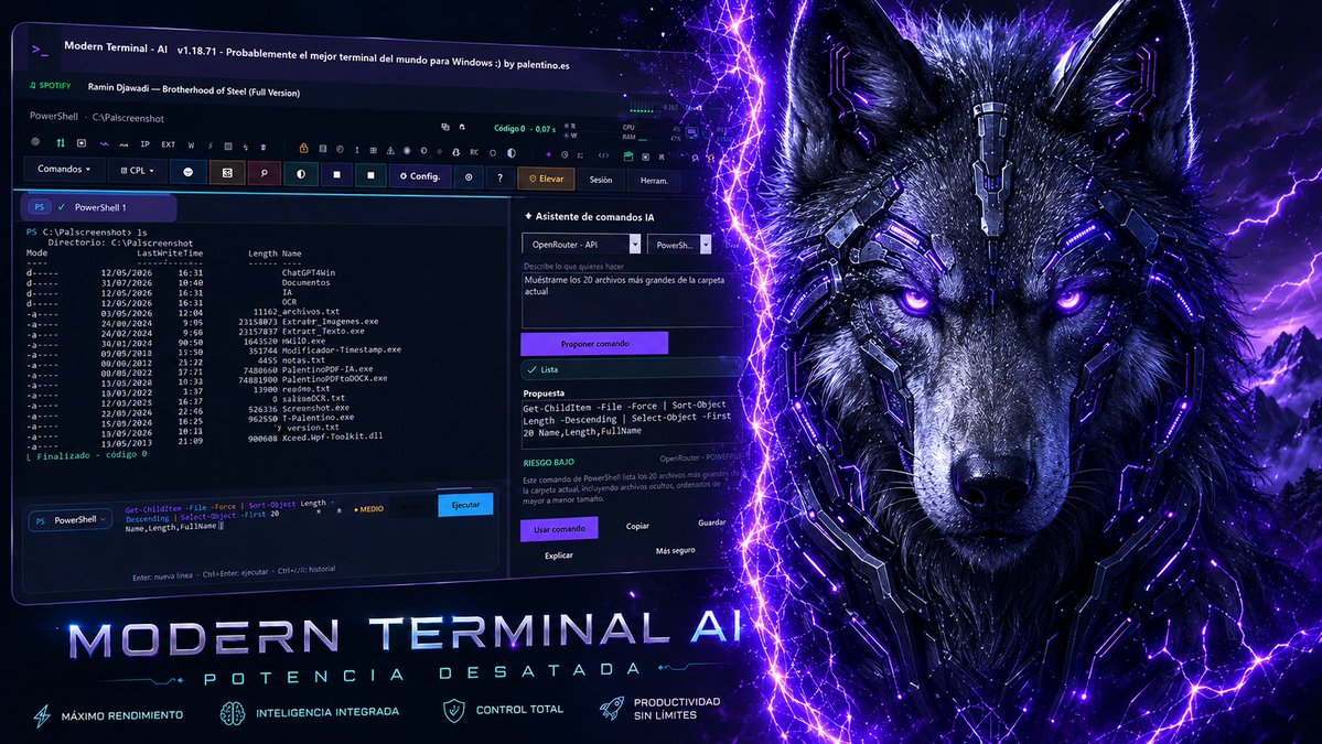 oscardelacuesta's tweet photo. 🐺 Modern Terminal AI: desata la bestia de Windows.

CMD, PowerShell, IA multiproveedor, WiFi Pro, herramientas avanzadas de red, automatización, análisis forense y MTAI IDE en una sola aplicación.

Rápido. Inteligente. Potente.

🌐 https://t.co/LDTNv1DRiE

#Windows #PowerShell https://t.co/2U2iUcLO6J