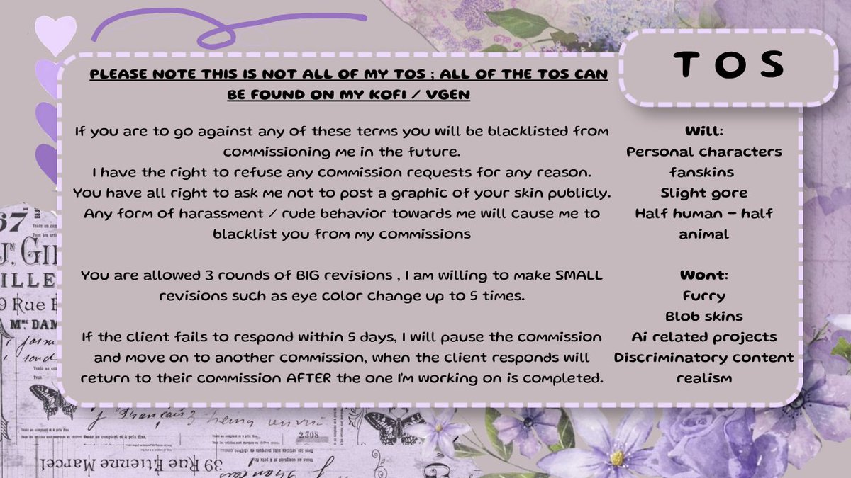 FallenHven's tweet photo. I'm officaly apart of VGen! 

Please think about commissioning me ! i'd love to make a skin for any of you!

Please have a look at my TOS both on VGen and on the image below 💙

Links below!

♡ and ↻ appreciated .ᐟ https://t.co/fGCzCKkaLX
