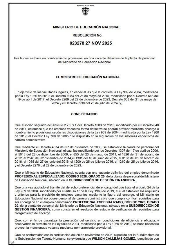 ElCalenoAlex's tweet photo. @CesarAGal @DanielRMed En noviembre de 2025 el ministro le dio un nombramiento provisional en una vacante de planta de personal en el Ministerio de Educación Nacional 👇🏽 https://t.co/CVQyoJmAde