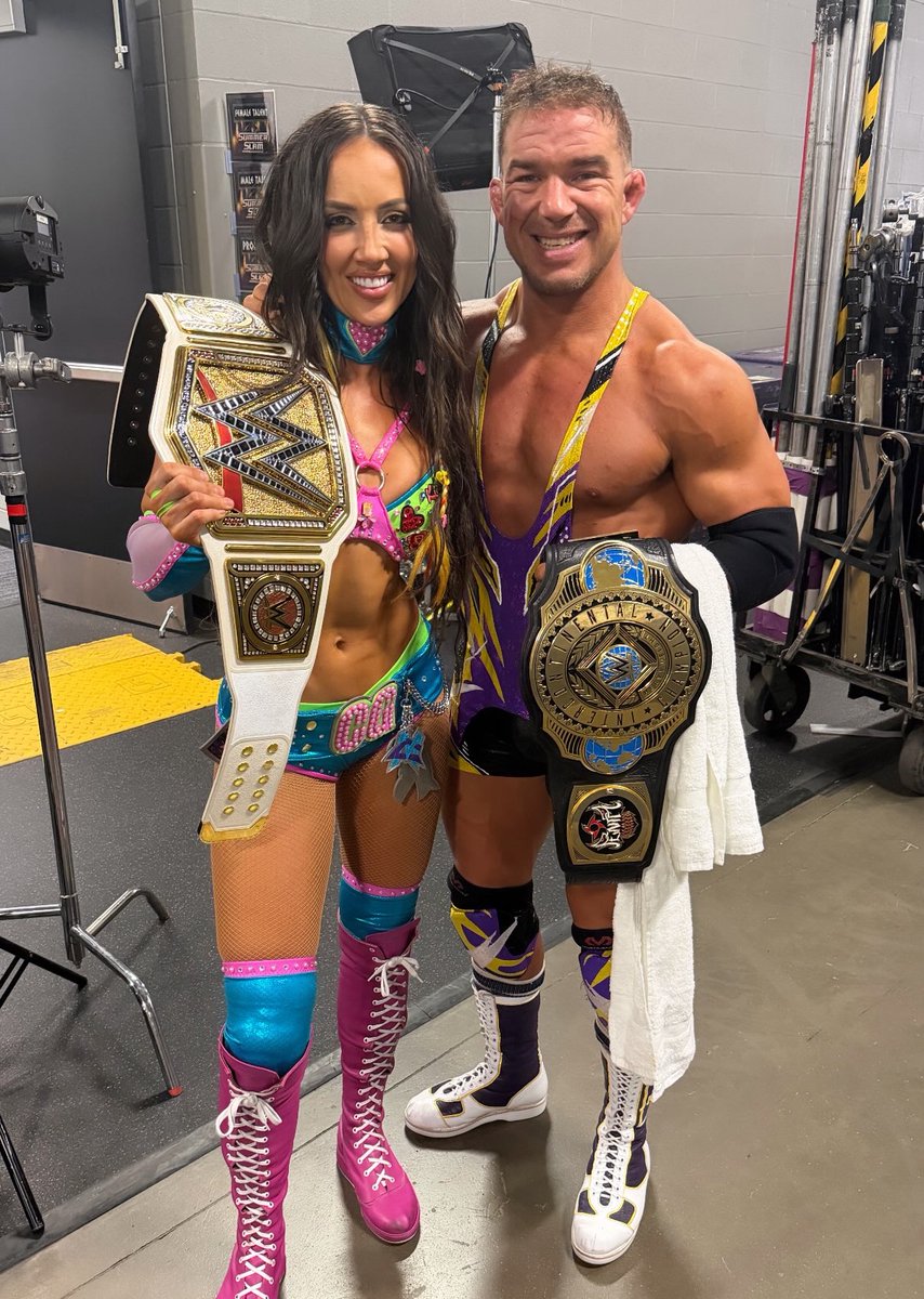 WrestlingWCC's tweet photo. Chelsea Green shares new Summerslam photo with Chad Gable 🏆🏆

“We did it” https://t.co/enKyph00K1