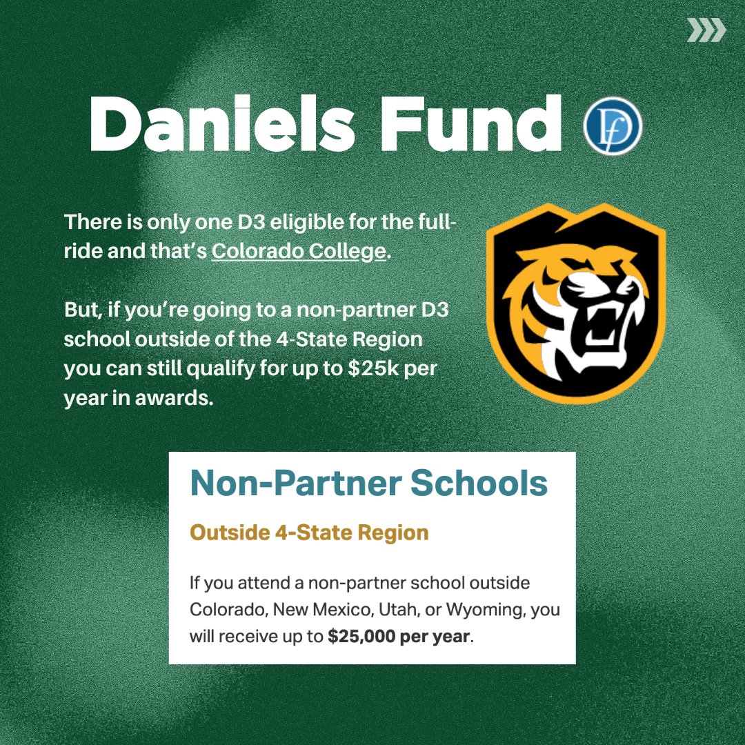 D3Direct's tweet photo. Upcoming Full-Ride Scholarship (Opens 9/1)

Open to residents of CO, NM, UT, and WY

Covers full cost of attendance at partner schools in the 4-State Region like @ColoradoCollege

However, they will provide up to $25k/year for non-partner schools

This is the @Daniels_Fund Scholarship ⬇️