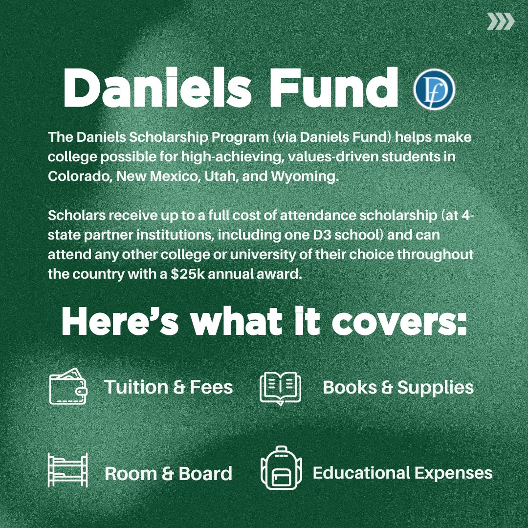 D3Direct's tweet photo. Upcoming Full-Ride Scholarship (Opens 9/1)

Open to residents of CO, NM, UT, and WY

Covers full cost of attendance at partner schools in the 4-State Region like @ColoradoCollege

However, they will provide up to $25k/year for non-partner schools

This is the @Daniels_Fund Scholarship ⬇️