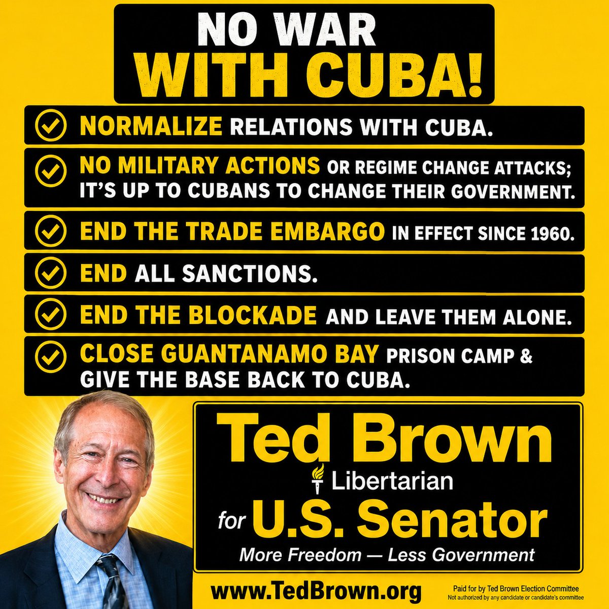 TedBrownLiberty's tweet photo. @MarkWeisbrot Leave Cuba alone! Our foreign policy establishment has been obsessed with this small country for my entire life. Cuba is no threat to the U. S. https://t.co/HoFvxHCEPu