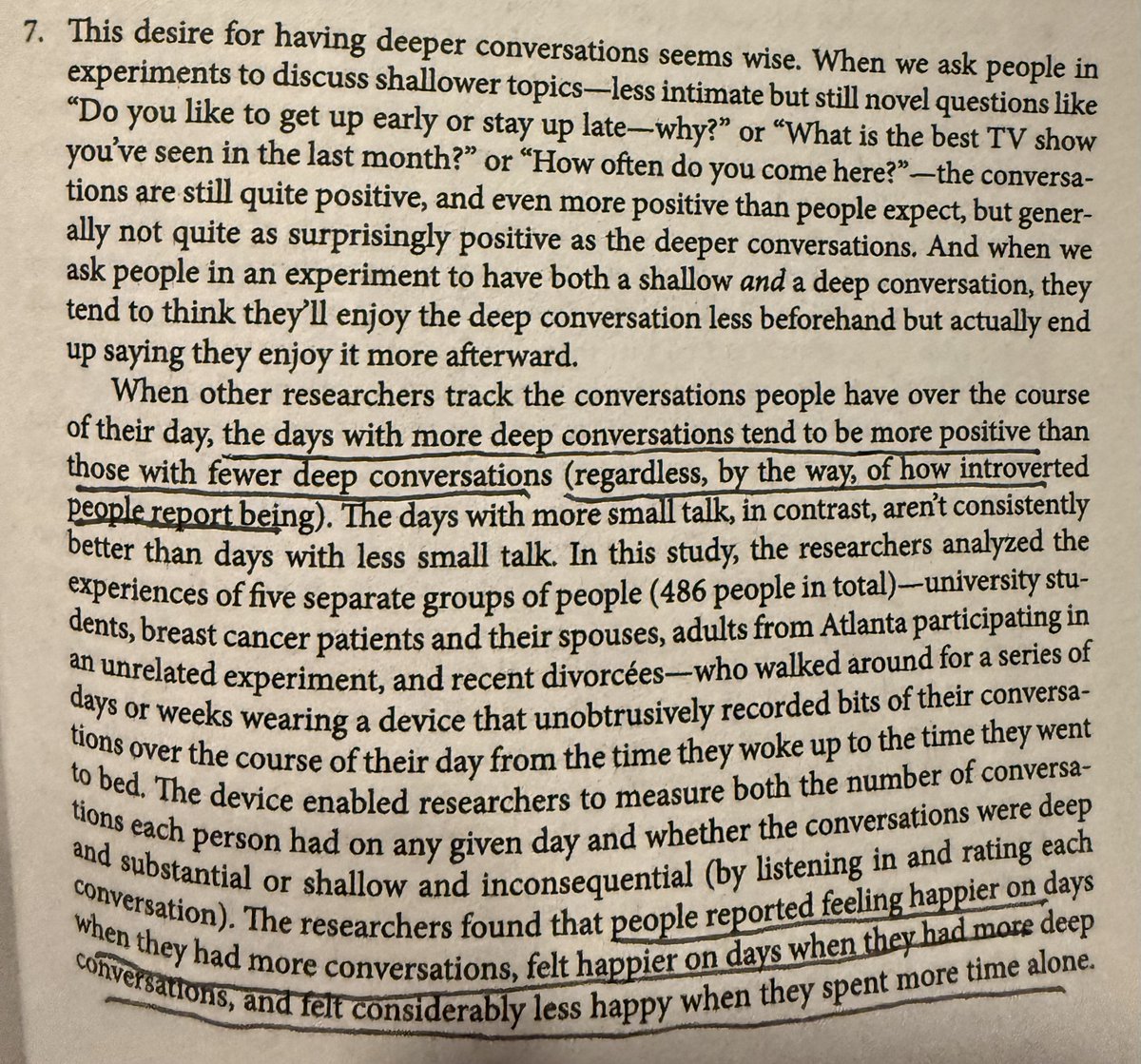 robkhenderson's tweet photo. "the days with more deep conversations tend to be more positive than those with fewer deep conversations (regardless, by the way, of how introverted people reported being)...people reported feeling happier on days when they had more conversations" https://t.co/57vNt7Jm28 https://t.co/1G1ae0KigV