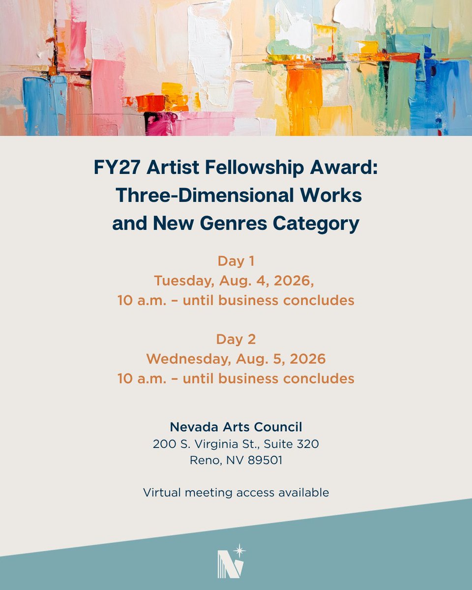nvartscouncil's tweet photo. Join us as a panel of arts professionals review, discuss, and score applications for the FY27 Artist Fellowship Award in the Three Dimensional Works and New Genres category.

View the agenda and zoom details: [LINK]  https://t.co/KBTzKKCeiZ https://t.co/Hi40le4JZt