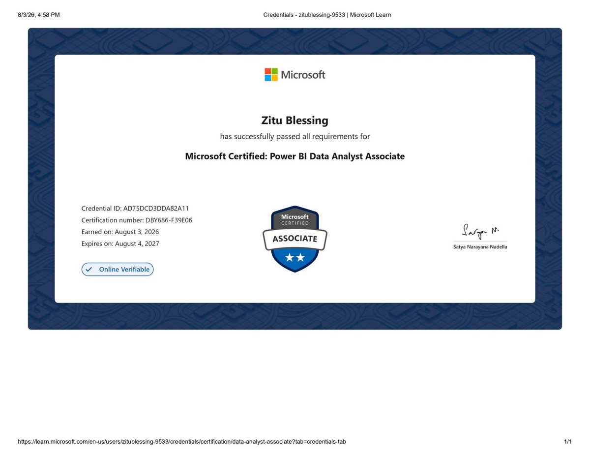zitudiary's tweet photo. Finally, Power BI and I are no longer in a toxic relationship.😂😮‍💨

Officially Power BI Certified!💃🏽🎉

On to bigger dashboards, better decisions, and continuous learning.🚀📊

#PowerBI #LearningNeverStops https://t.co/z2mBKrpJGl