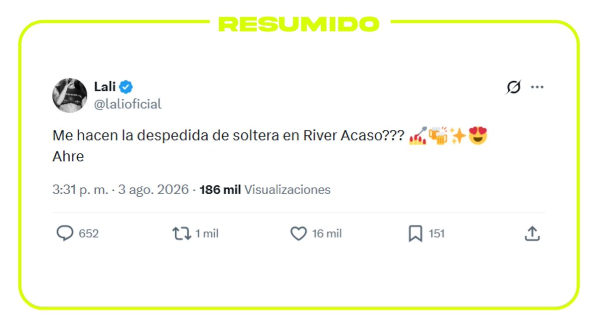 Resumidoinfo's tweet photo. "Me hacen la despedida de soltera en River acaso?"

Lali insinuó que su tercer River es su despedida de soltera con los fans https://t.co/D9aXYdz8qx